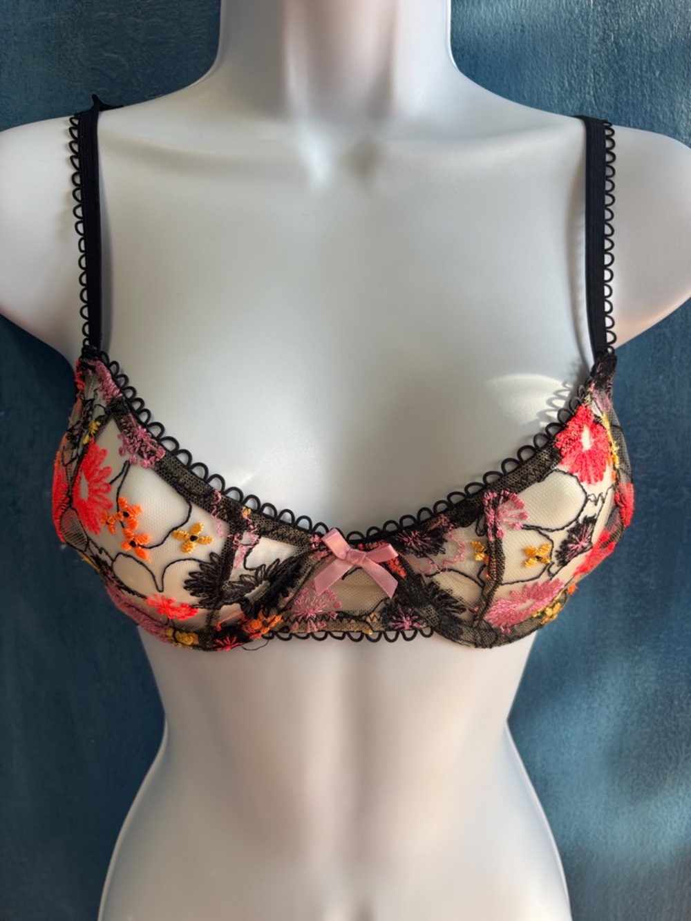 intimissimi Sheer Floral Embroidered Balconette Bra in Black, Pink and Orange